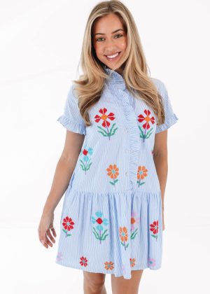 The Hunter Ruffle Button Up Dress - Blue Stripe