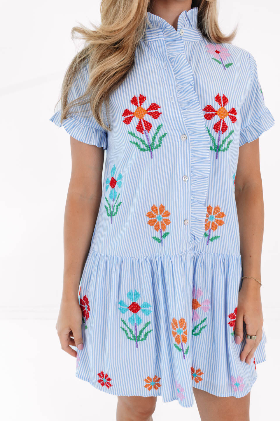 The Hunter Ruffle Button Up Dress - Blue Stripe - Image 3