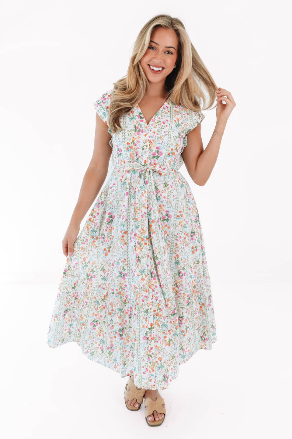 The Nora V-Neck Button Up Midi Dress - White