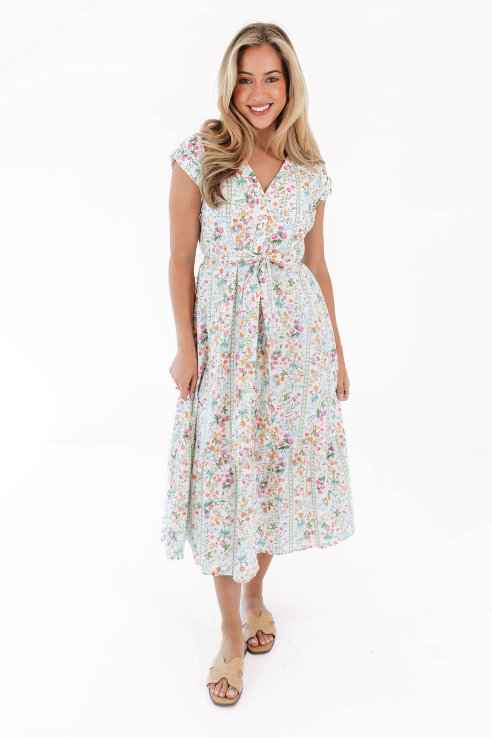 The Nora V-Neck Button Up Midi Dress - White - Image 2