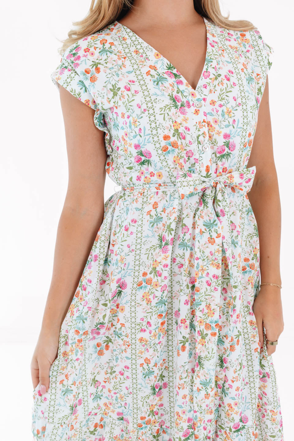 The Nora V-Neck Button Up Midi Dress - White - Image 3